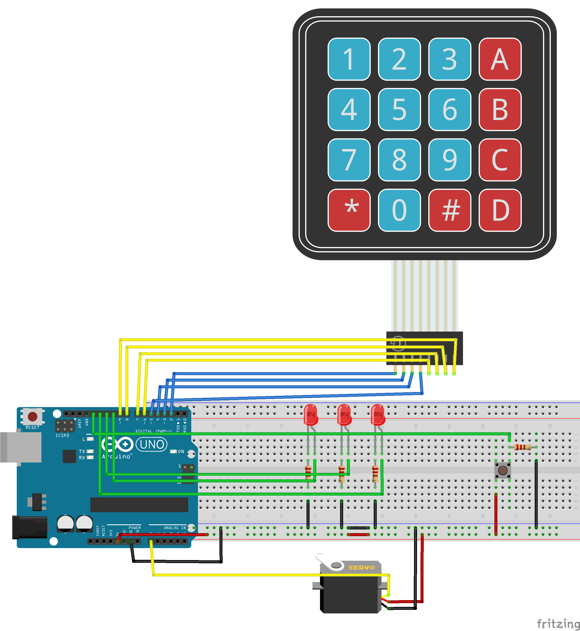 Cerradura Digital con Servomotor, Teclado Matricial, Tres LEDs y Pulsador Cerradura Digital con Servomotor, Teclado Matricial, Tres LEDs y Pulsador